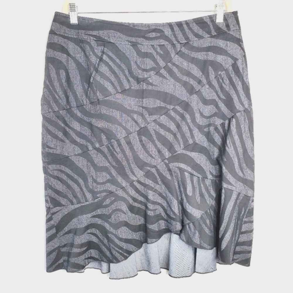 Sandro Asymmetrical Ruffle Hem Skirt 14 Gray Animal Print Stretch Abstract